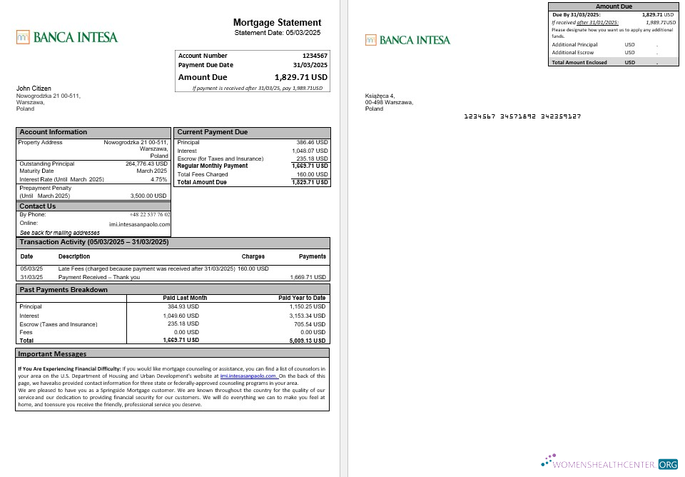 Download Poland Banca Intesa mortgage statement in Word and PDF formats Photoshop template